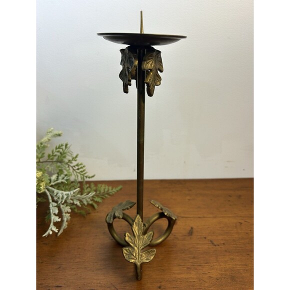 Vintage Brass Pillar Candle Holder With Leaf Motif 10” Tall - Picture 4 of 8